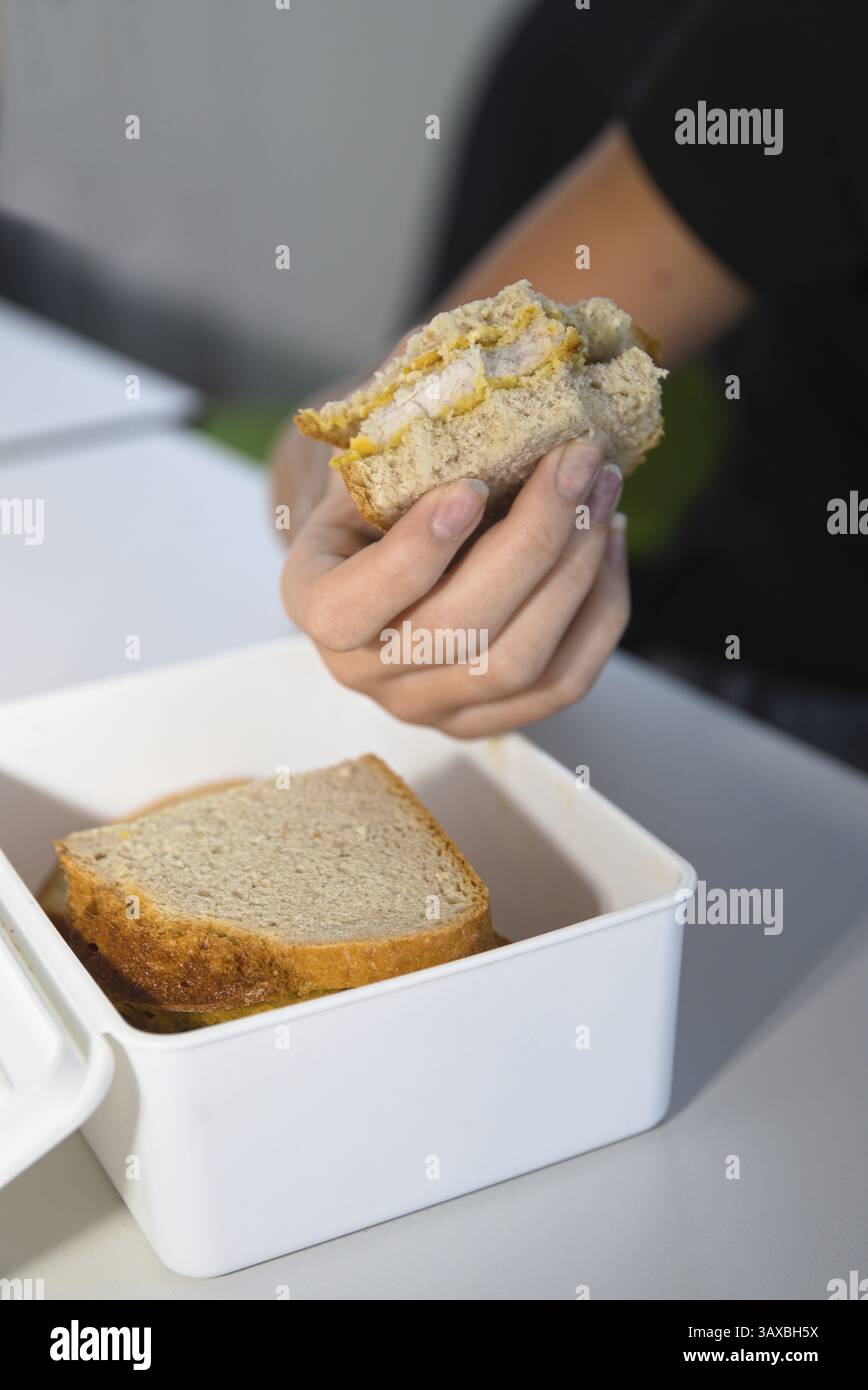 Imbiss zur Erfrischung in der Schule - ein Teil des Schuljause in einer Snackbox und ein Teil des Brotes, das gegessen wird, aus nächster Nähe Stockfoto