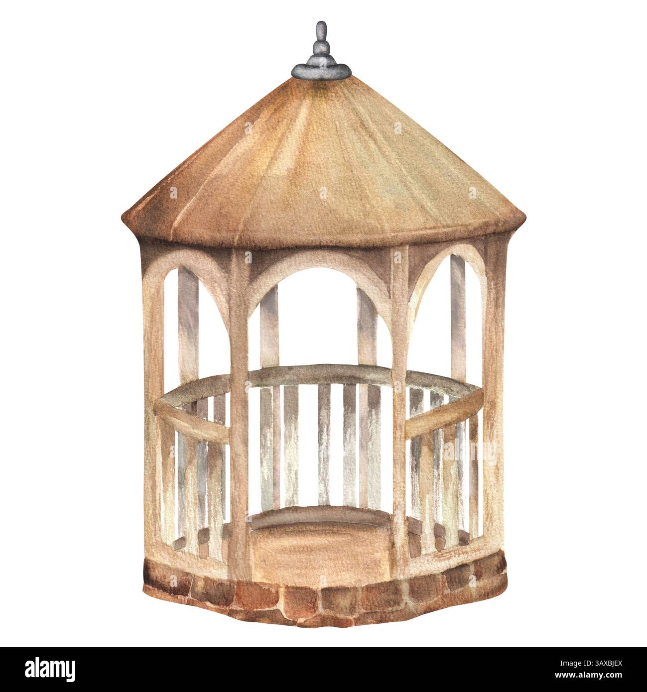 Ein alter hölzerner Pavillon mit steinigem Keller und gelbbraunem Dach. Schäbige Säulen. Gartenclipart. Handgezeichnete Aquarellillustration. Für Postkarten, Pat Stockfoto