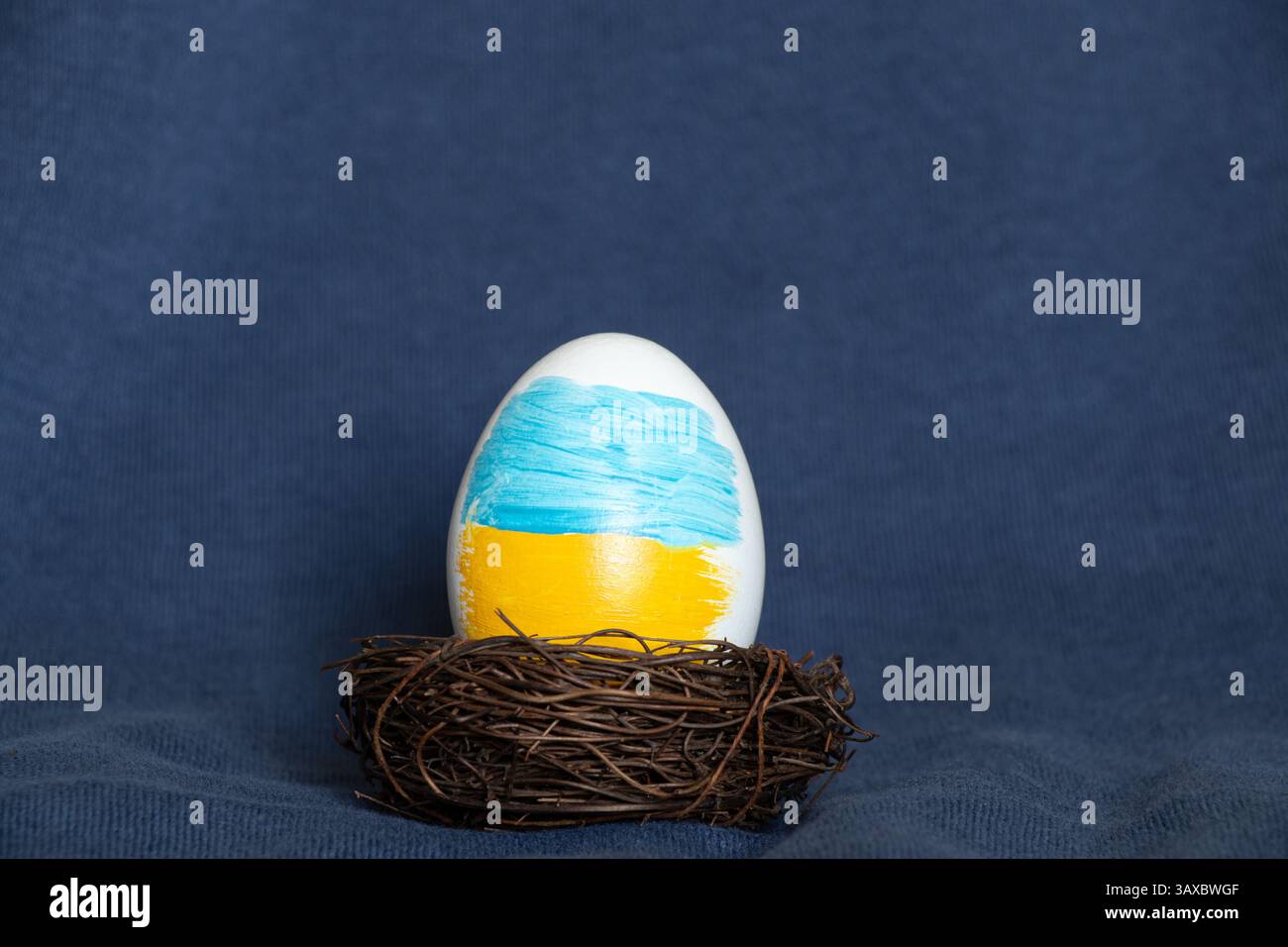Ein Osterei in den Farben der ukrainischen Flagge ist in einem Nest auf blauem Hintergrund, Ostern in der Ukraine Stockfoto