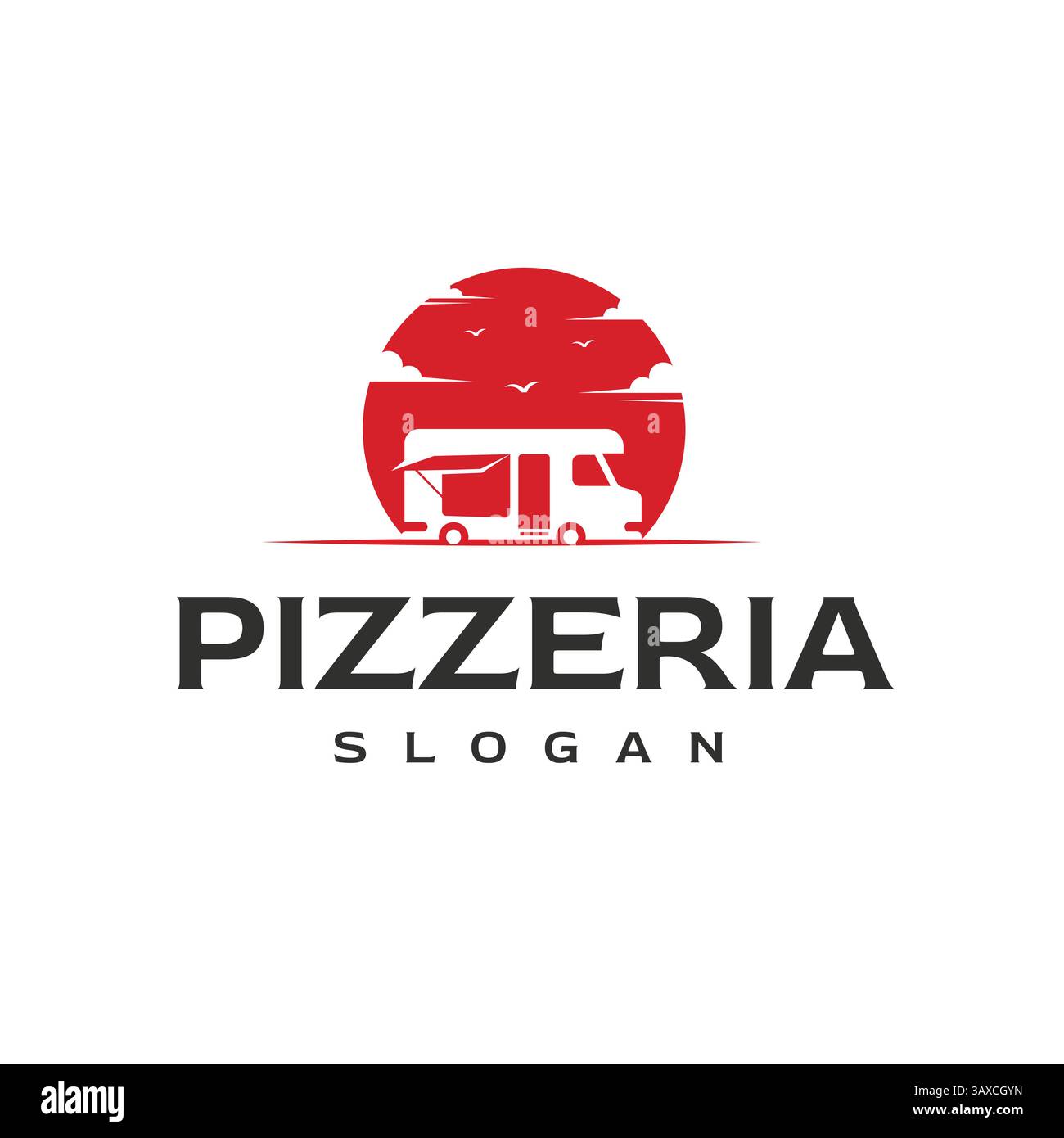 Wohnmobil Auto Silhouette Logo Design mit Sonnenuntergang für Pizzeria Auto Logo Design Stock Vektor