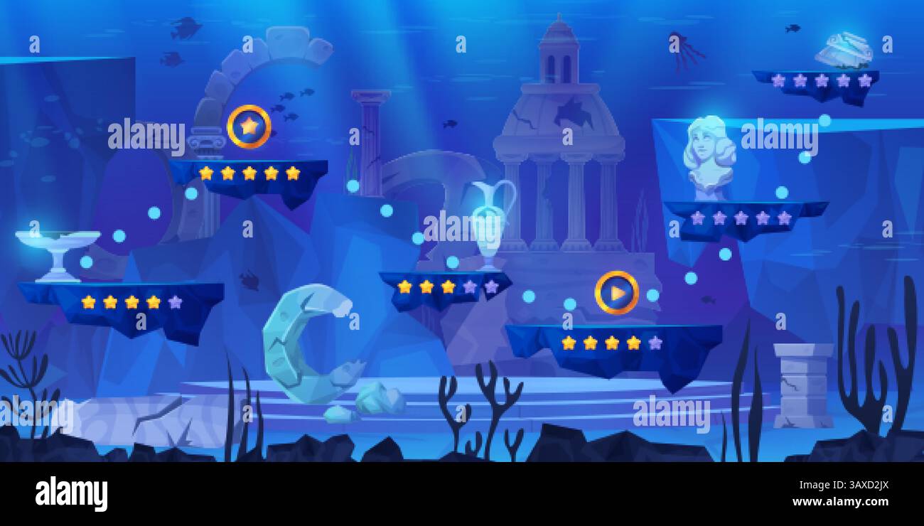 Atlantis Spielstufe. Unterwasser verlorene Zivilisation Video Gaming Karte gui Score Schnittstelle, versunkene alte Stadt Ruinen Unterwasser Abenteuer Zeichentrickhintergrund, Swanky Vektor Illustration Original Artwork Stock Vektor