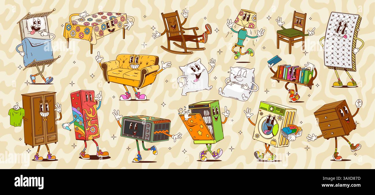 Cartoon groovige Möbel und Haushaltsgeräte Charaktere. Retro-Hippie-Zimmer Innenvektorfiguren von glücklichem Sofa, Sofa, Stuhl und Tisch. Lustige Gros Stock Vektor
