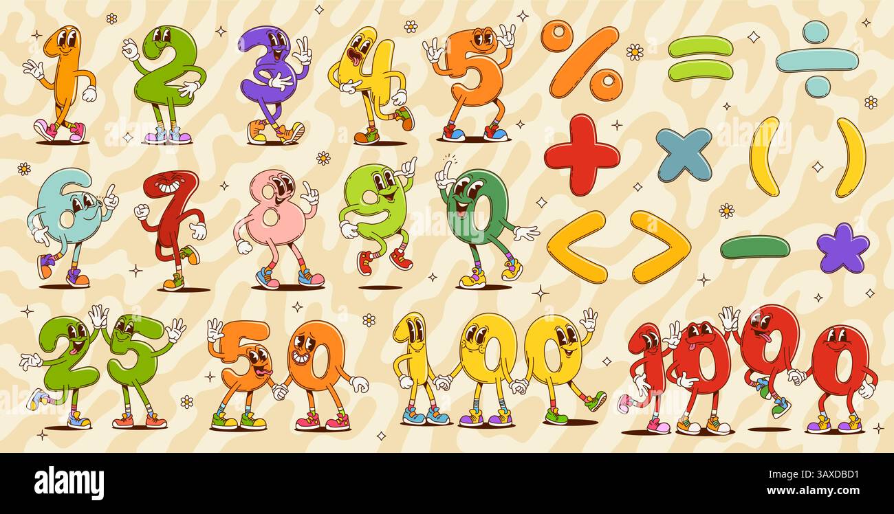 Cartoon groovige Mathe-Zahlenfiguren, Vektor-Kinder-Bildung. Retro-Hippie-Farbmathematik-Zahlen und arithmetische Symbole mit fröhlich lächelnden Gesichtern o Stock Vektor