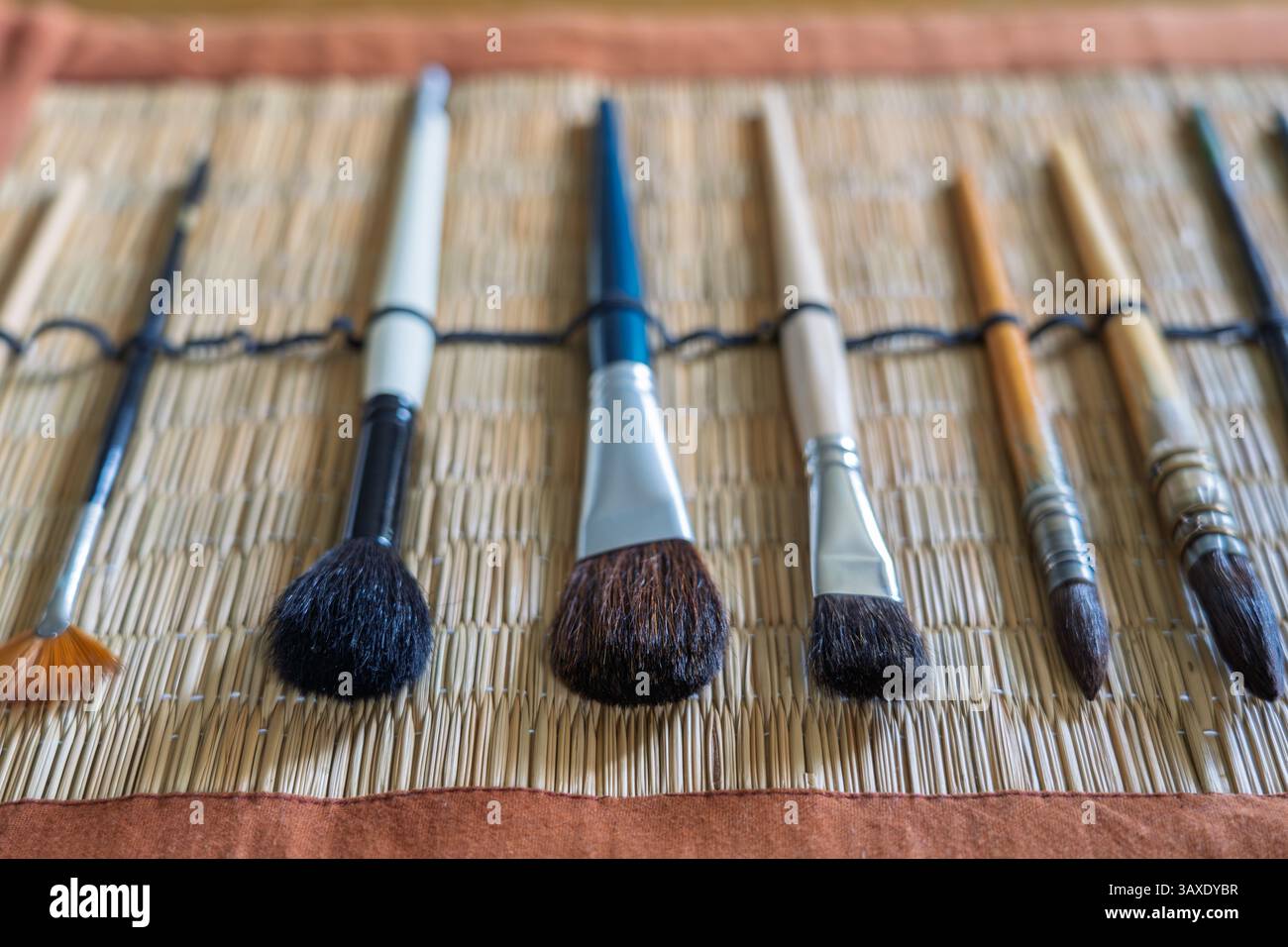 Ein Set aus synthetischen und natürlichen Haarbürsten in einem selbstgemachten Rolletui, der die Bürsten schützt und sie nach Gebrauch trocknet, UK Stockfoto