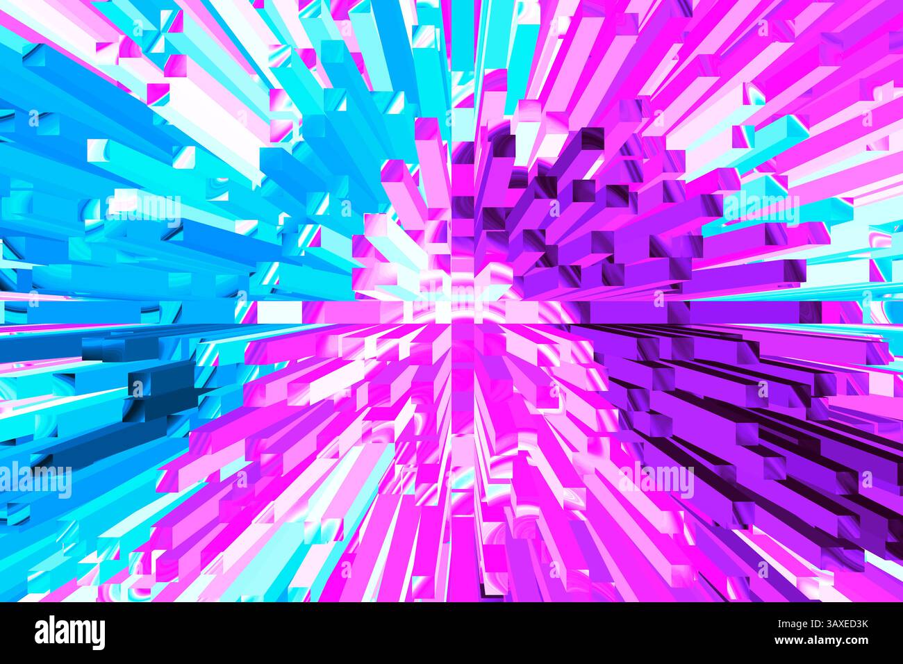 Dynamische 3D-Illustration mit einem leuchtenden Anstoß aus rosa und cyanblauen Blöcken. Ideal für technisch inspiriertes Design, Musik-Cover oder futuristische digitale Konzepte. Stockfoto