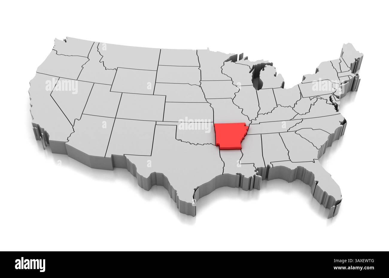 Karte des Bundesstaates Arkansas isoliert auf weiß. Stockfoto
