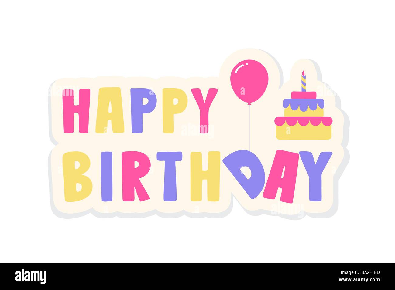 Happy Birthday-Aufkleber, grelle Aufschrift mit Kuchen und Ballon. Für Glückwünsche, Kinderparty, Karten, festliches Designelement. Stock Vektor