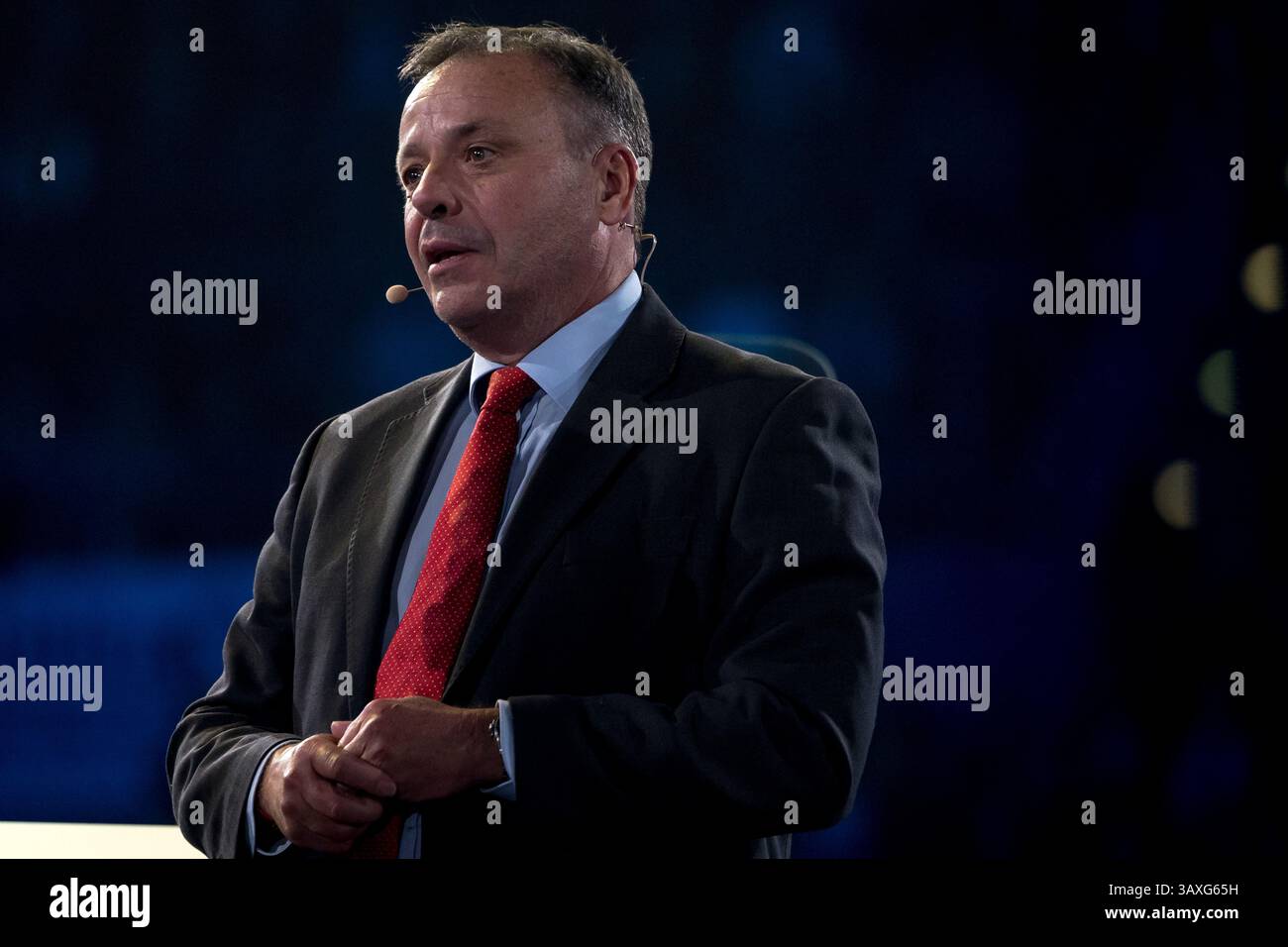 Der britische Geschäftsmann und politische Geldgeber Arron Banks stand während der Wahlkampagne Reform partyÕs vor Ort und Bürgermeister in der Utilita Arena in Birmingham. Stockfoto