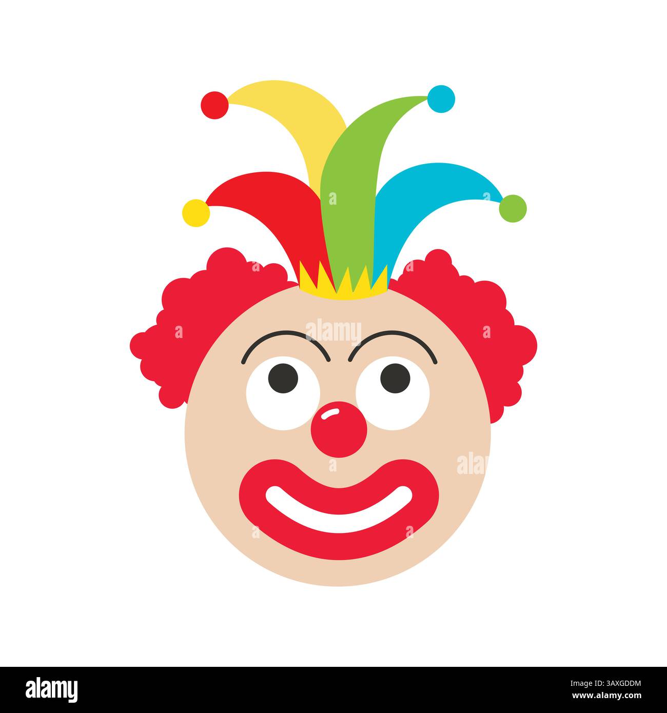 Lustiges Clowngesicht mit farbenfrohem Narrenhut und roter Nase für Partyspaß Stock Vektor