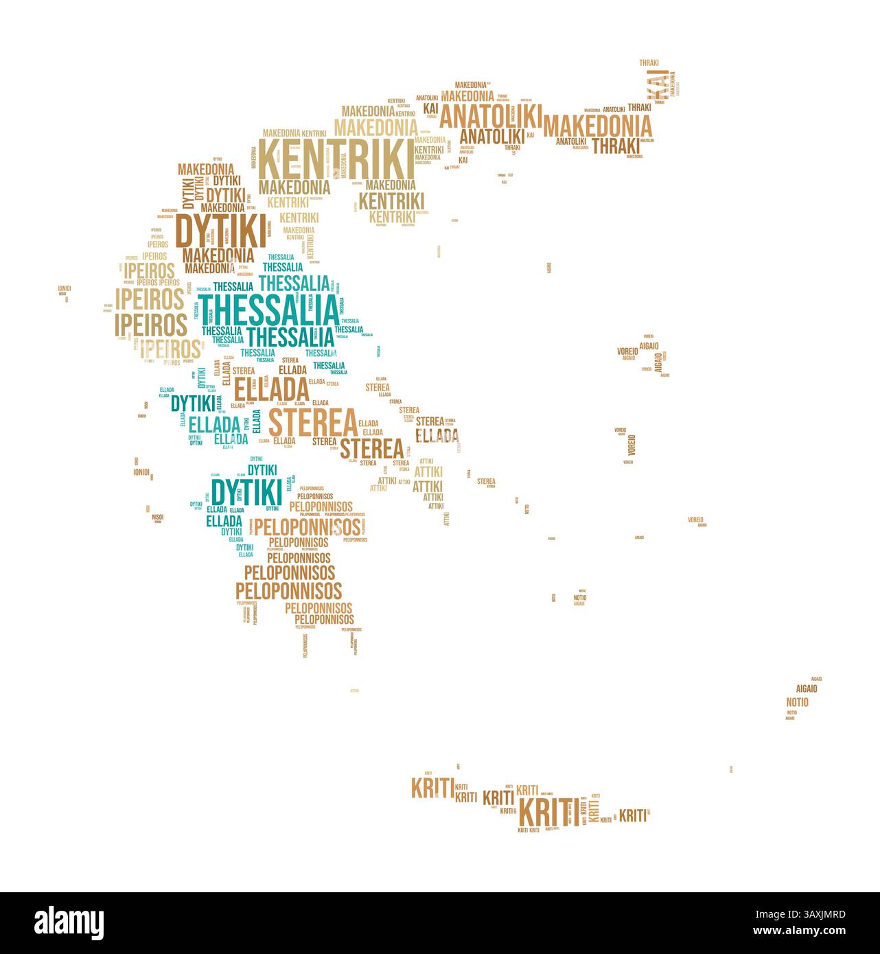 Griechenland Word Cloud. Länderform mit Gebietseinteilung. Griechisches Typografie-Bild. Bereichsnamen kennzeichnen Wolken. Vektorabbildung. Stock Vektor