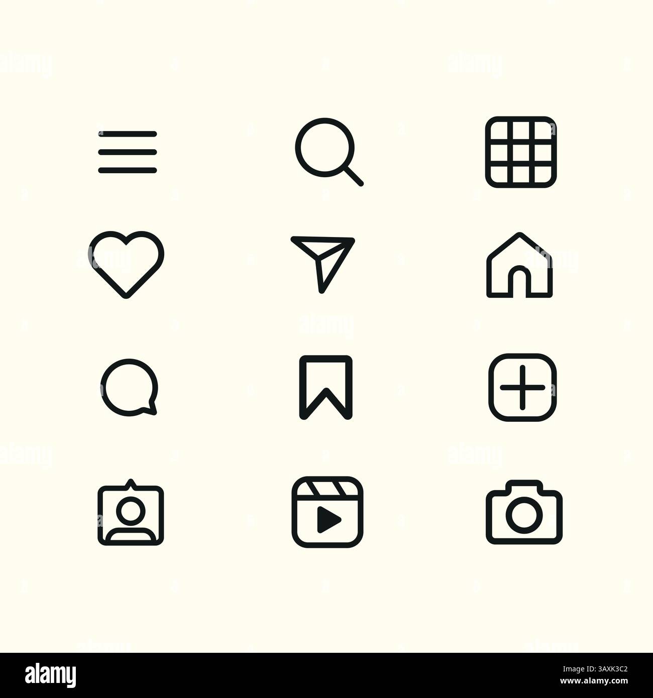 Social Media Instagram mit Schaltflächen, Linien- und durchgehenden Symbolen: Startseite, Kamera, Kommentar, Suche, Fotokamera, Herz, wie Benutzergeschichte. Stock Vektor