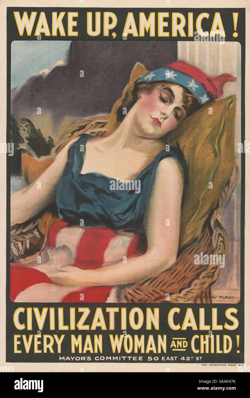 März 2016 - Portrait of Lady Liberty Sleeping, Wake Up America!, Civilization Calls Every man, Woman and Child!, Recruitment Poster des Ersten Weltkriegs, von James Montgomery Flagg, USA, 1917 (Credit Image: © Circa Images/Glasshouse Via ZUMA Wire) Stockfoto