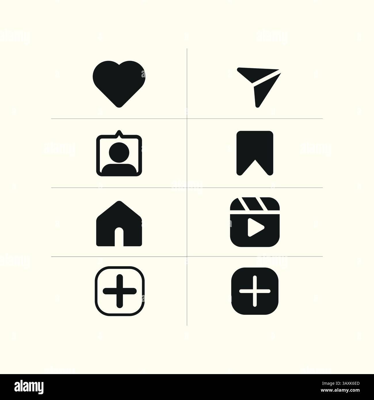 Social Media Instagram mit Schaltflächen, Linien- und durchgehenden Symbolen: Startseite, Kamera, Kommentar, Suche, Fotokamera, Herz, wie Benutzergeschichte. Stock Vektor