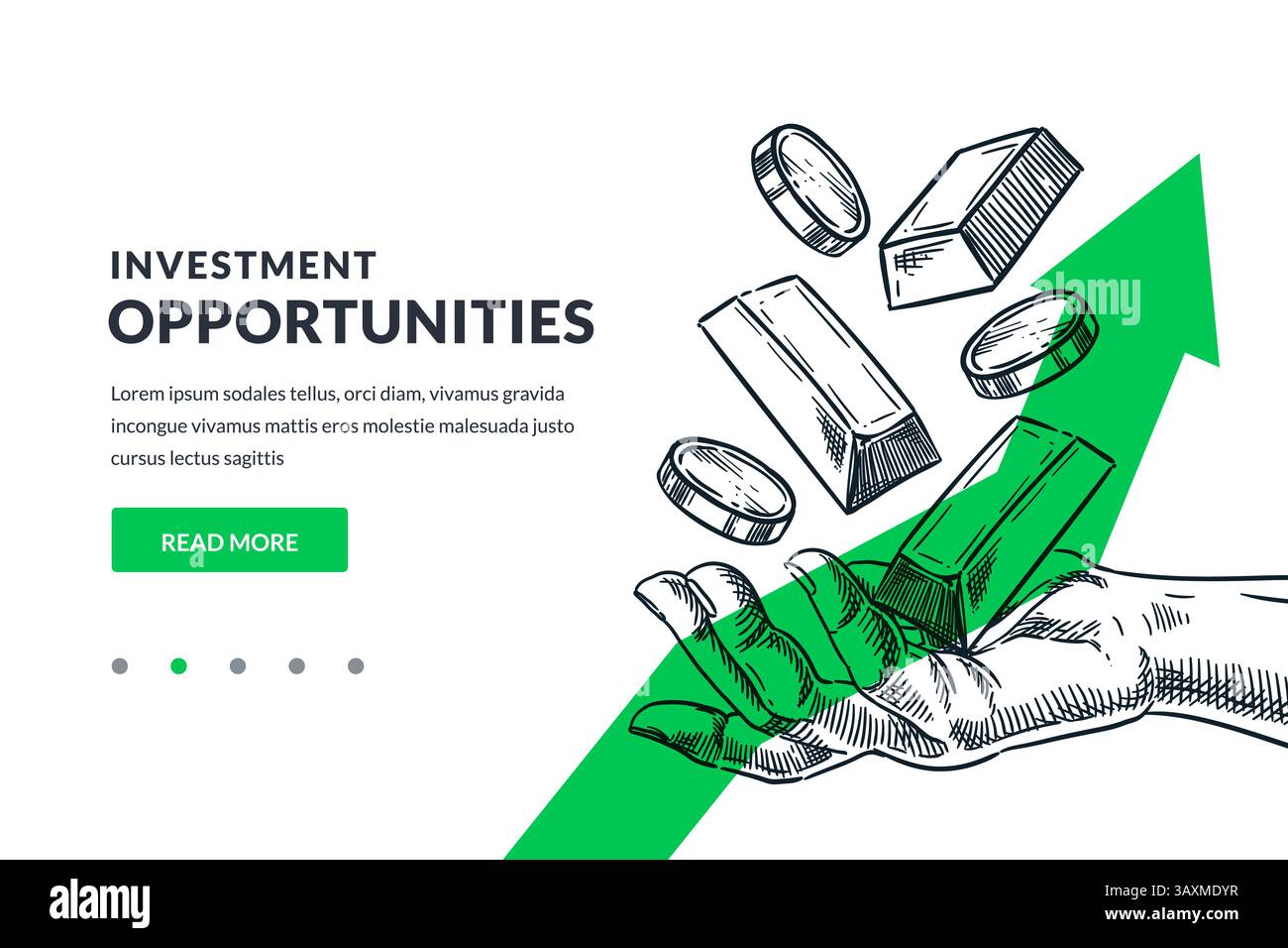 Menschliche Hand, die Goldbarren und Münzen auf grünem Pfeil hält. Geschäftskonzept für Investitionen, Kosteneinsparungen und Finanzwachstum. Handgezeichneter Vektor SK Stock Vektor