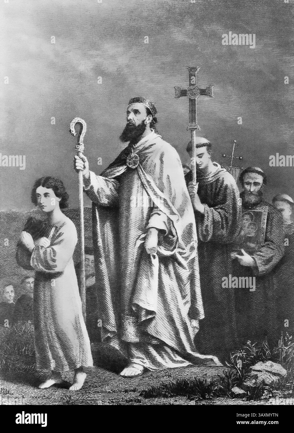 St. Patrick. Illustration des Schutzheiligen Irlands und christlichen Bischofs St. Patrick mit dem Titel „Patrick Going to Tara“, 1904 Stockfoto