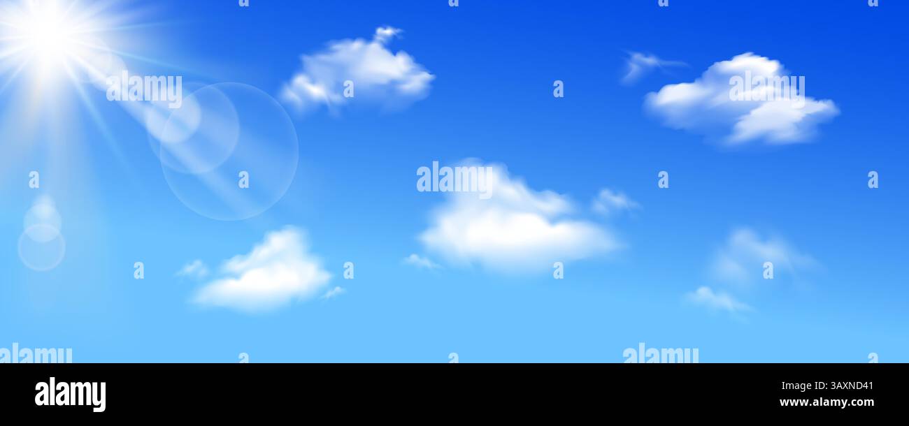 Sonnig und Wolken Hintergrund Vektor, blauer Himmel mit weißen Wolken und Sonne, Vektor-Illustration Stock Vektor