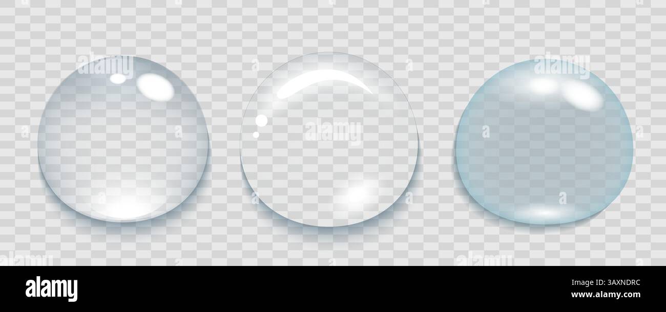 Realistisches Wassertropfenset. Kollagen klare Tropfen. Kosmetisches Serum. Hautpflegeprodukt. Vektorabbildung. Stock Vektor