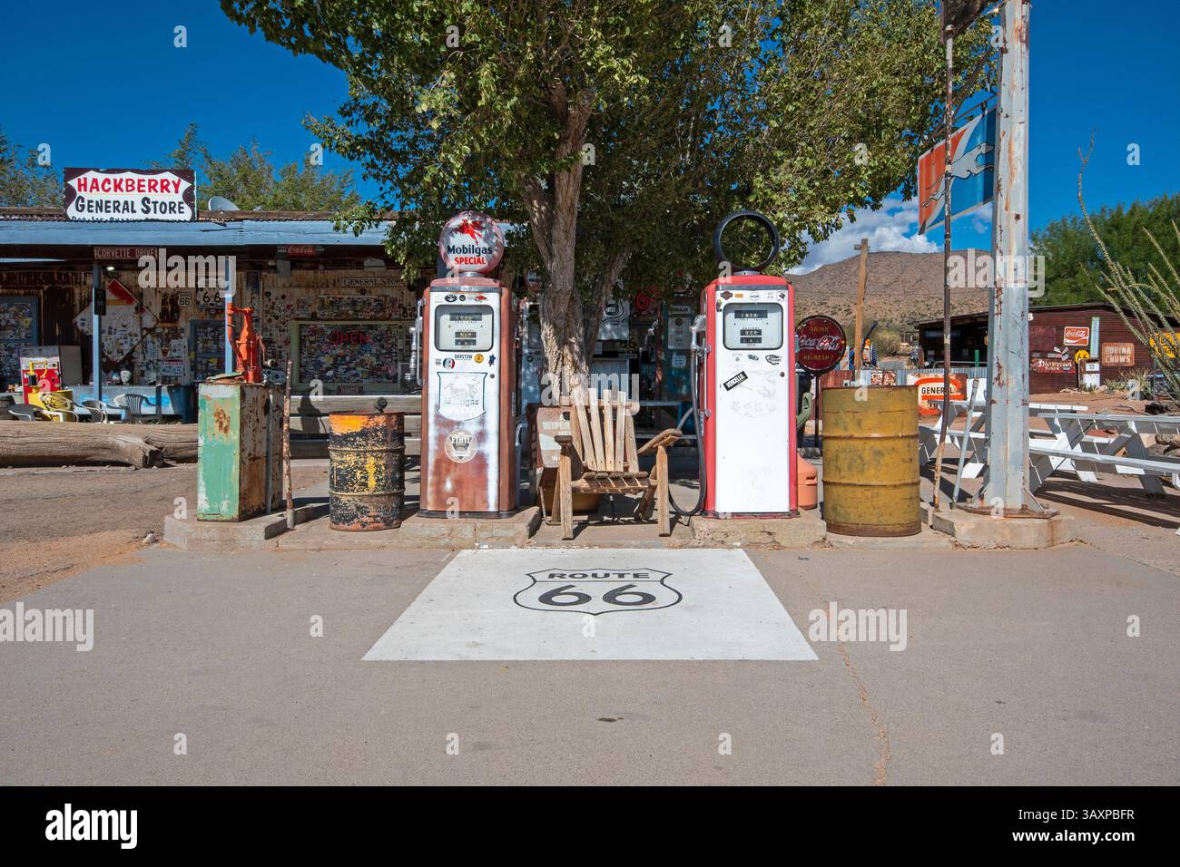 Alte Tankstelle im Hackberry General Store an der Route 66, Hackberry, Mohave County, Arizona, USA Stockfoto