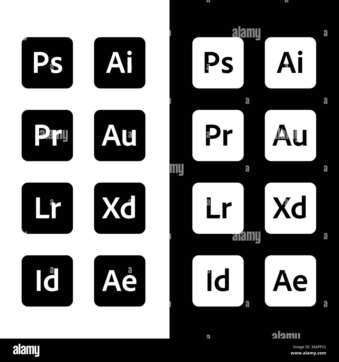 Adobe-Anwendungen. Flach, farbig, Satz von Adobe-Anwendungen. Vektorlogos. Stock Vektor