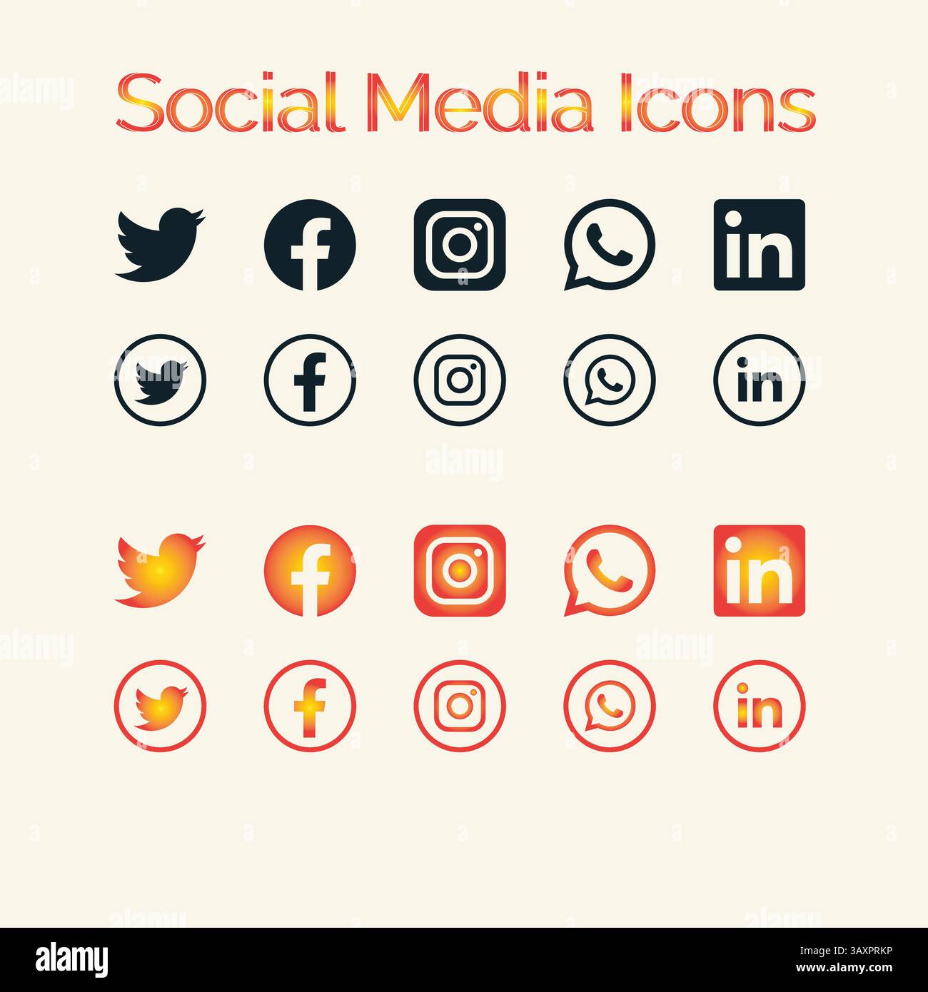 Social Media iocns Schwarzer und orangefarbener Verlauf, Vektorsymbole Stock Vektor