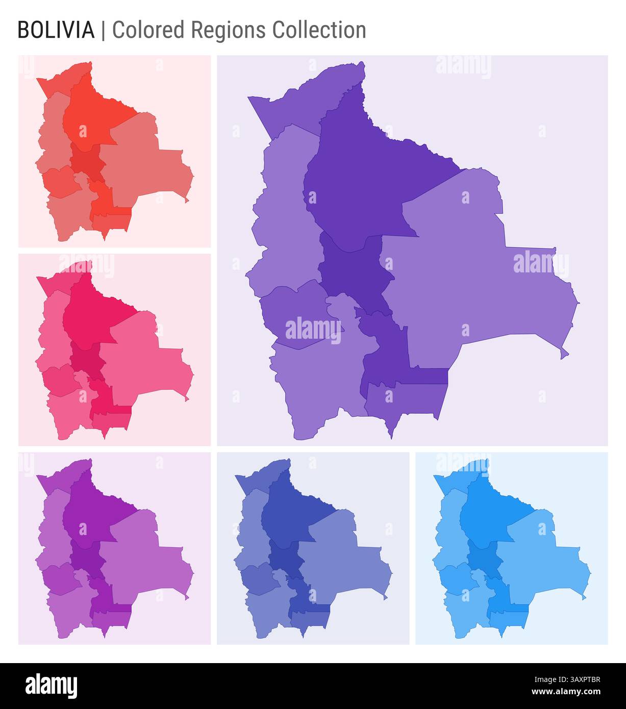 Bolivien Kartensammlung. Länderform mit farbigen Regionen. Dunkelviolett, Rot, Rosa, Lila, Indigo, blaue Farbpaletten. Stock Vektor