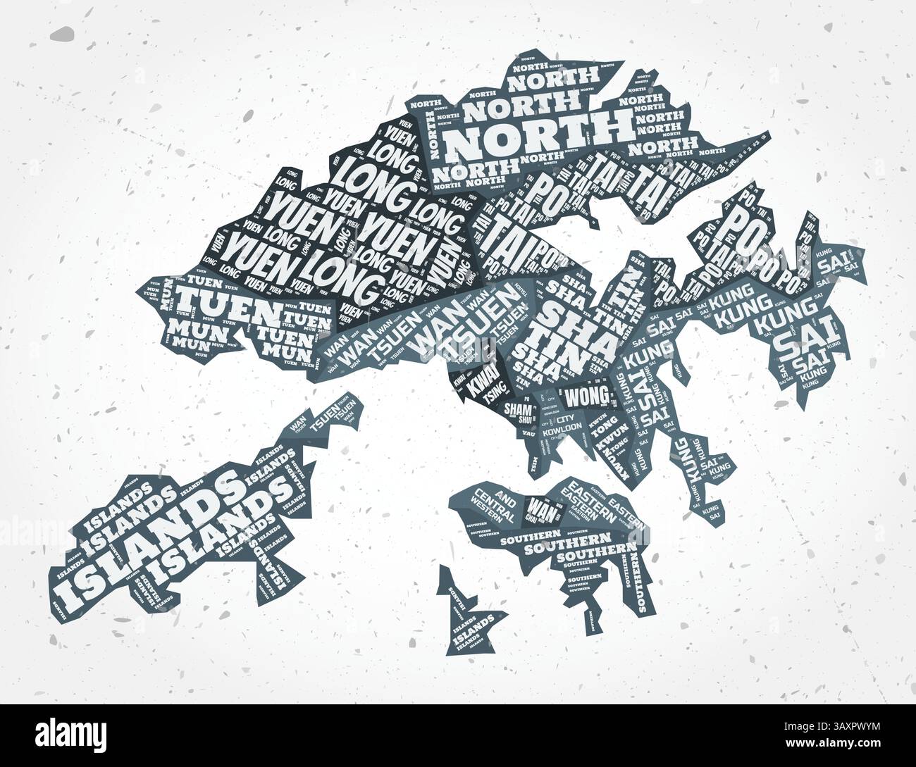 Hongkong Regionen Wortwolken. Länderform auf strukturiertem Hintergrund. Hongkong-Design im typografischen Stil. Elegante Vektorillustration. Stock Vektor