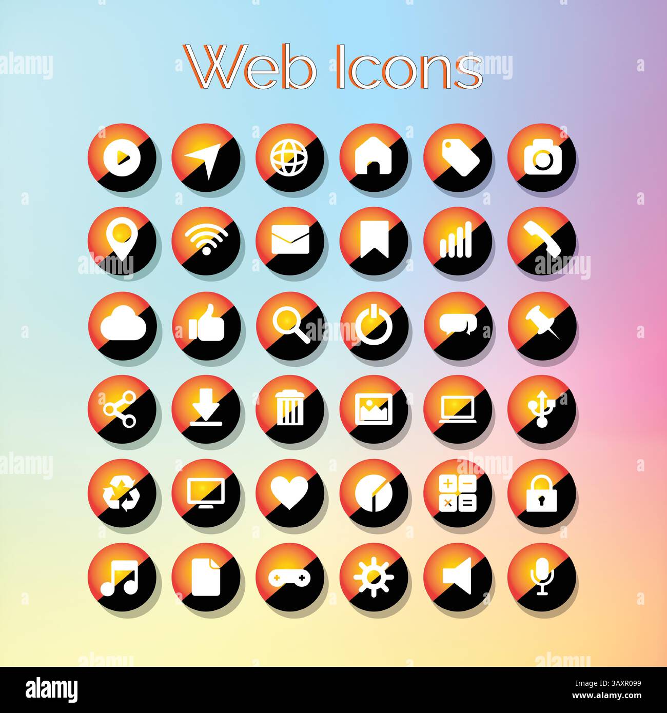 Website-Symbole Set mit 36 Anwendungssymbolen Schwarze und orangefarbene Symbole Hintergrund-Tablette mit Farbverlauf Stock Vektor