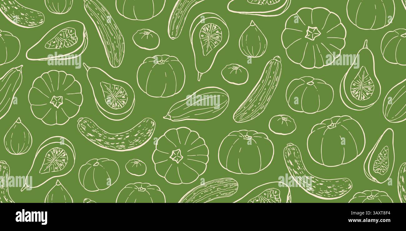 Handgezeichneter Kürbis, Kürbis, Zucchini umrandet nahtloses Muster auf grünem Hintergrund. Vektorillustration der Konturskizze, Herbst, Halloween, Thanksgiv Stock Vektor