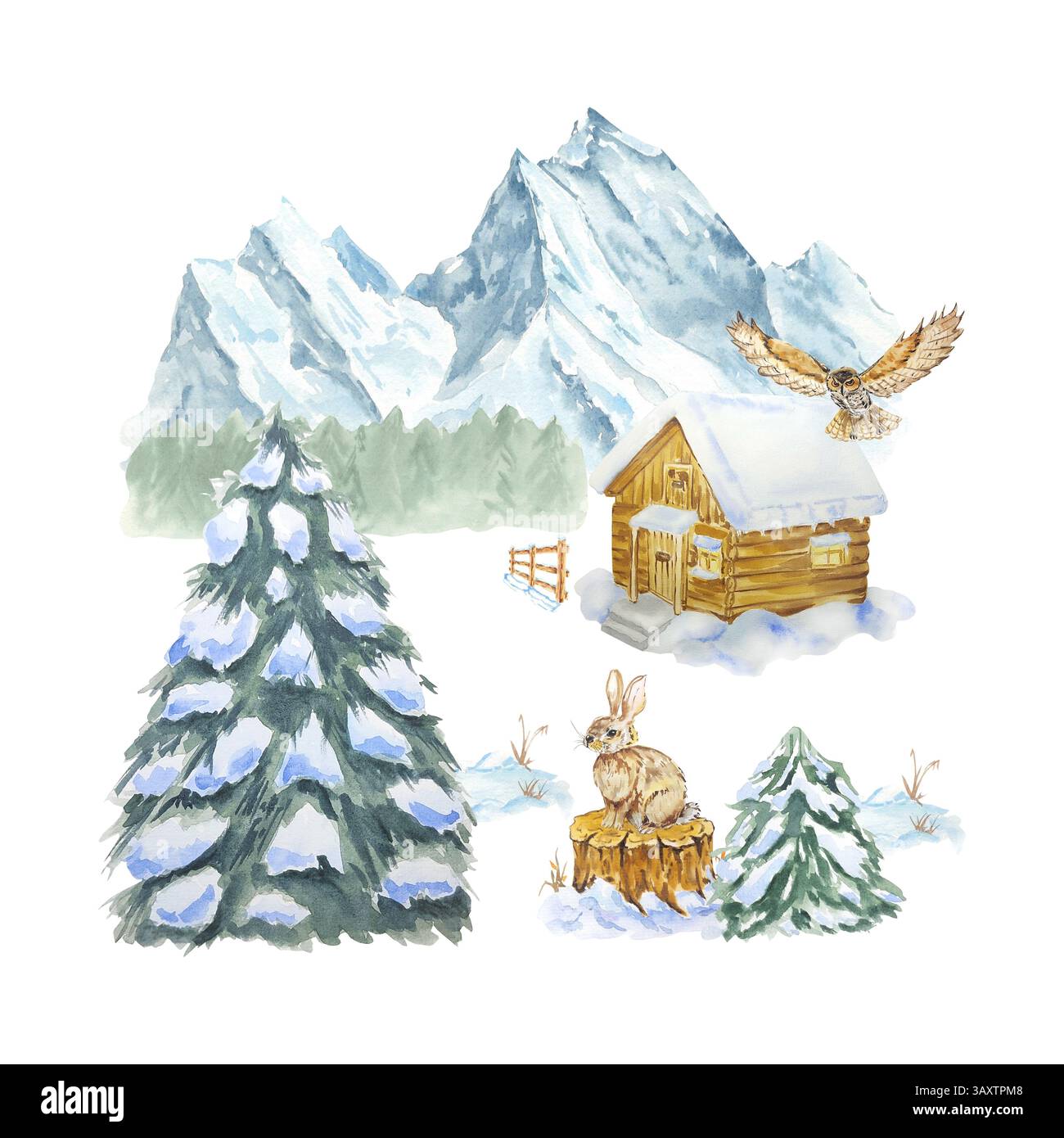 Winterlandschaft, Märchengrundstück, handgezeichnete Illustration mit Aquarellen. Tiere Waldhasen und Eulen im Wald zwischen Bäumen und Pflanzen. Haus Stockfoto
