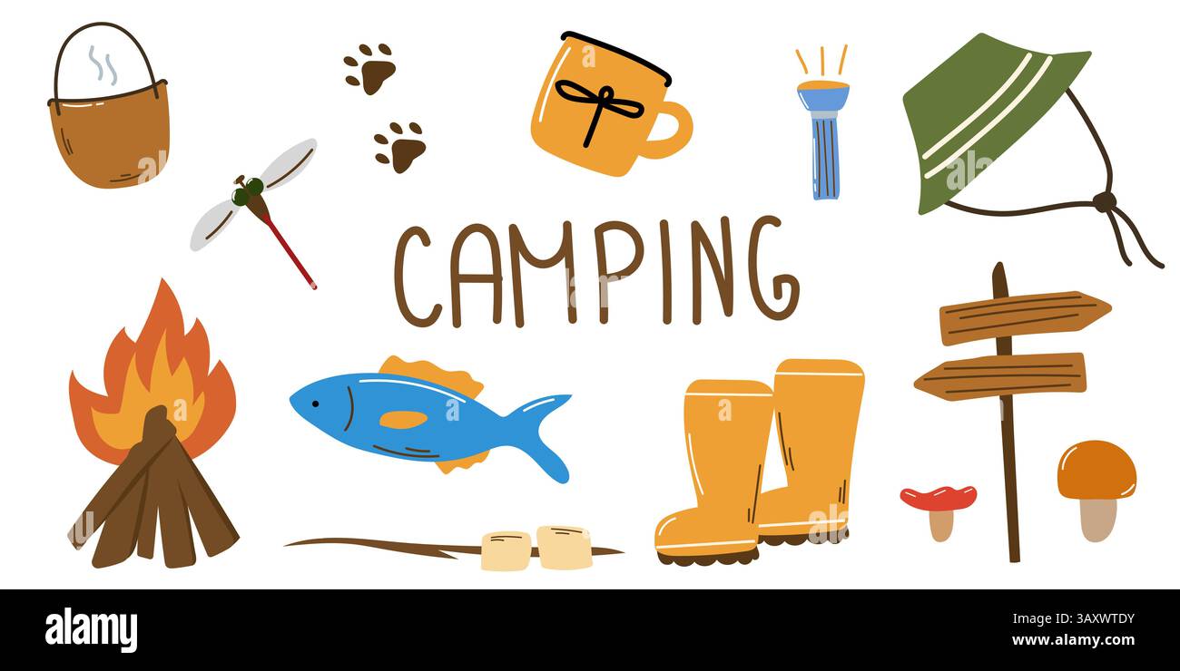 Camping- und Wanderausrüstung, Vorräte. Abenteuer, Trekking-Ausrüstung, Touristenwerkzeuge. T Stock Vektor