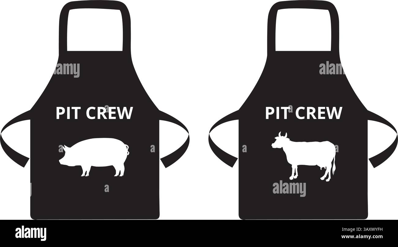 Schwarze Schürze der Pit Crew mit Text und Kuh- und Schweinefleisch-Zeichnungen auf weißem Hintergrund Stock Vektor