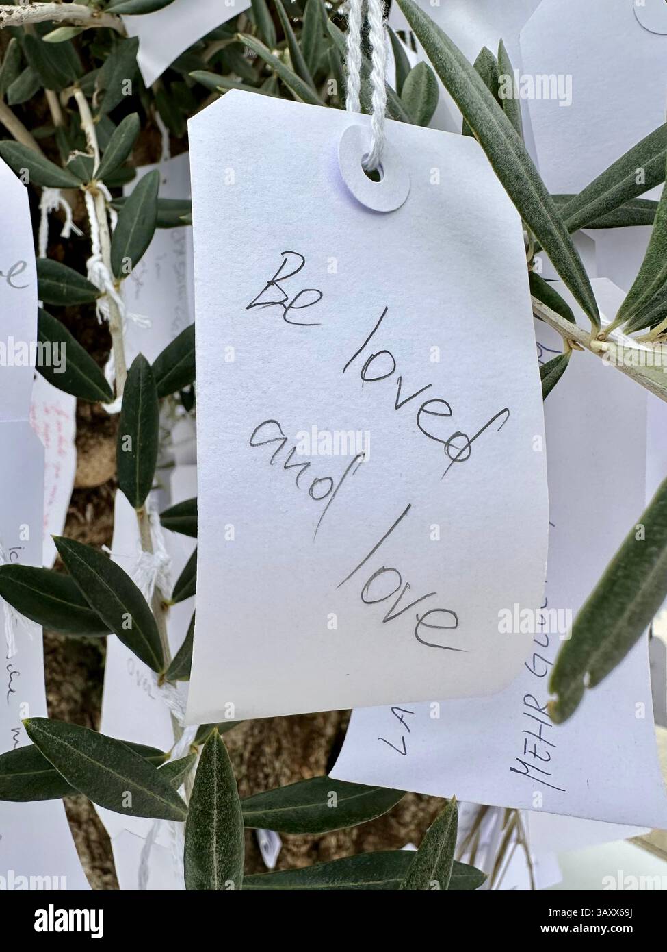 Detail der interaktiven Kunstinstallation Wish Tree vor der Neuen Nationalgalerie in Berlin, 2025: Be Love and Love Stockfoto