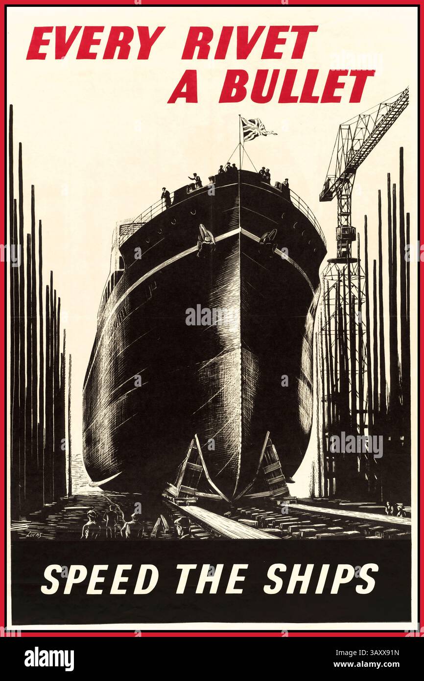 Britisches Poster aus dem Zweiten Weltkrieg von 1941 mit dem Titel „Every Rivet a Bullet: Speed the Ships“. Es wurde entwickelt, um eine schnellere Schiffsproduktion für die Kriegsbemühungen zu fördern. Das Poster zeigt ein Schiff, das von einer Werft aus gestartet wird. „Every Nivet a Bullet“ unterstreicht die Bedeutung jeder Komponente im Schiffbau. "Die Schiffe beschleunigen" ist ein Aufruf zum Handeln, der die Arbeitnehmer dazu auffordert, die Produktion zu erhöhen. Es zeigt die kollektiven Bemühungen an der Heimatfront während des Krieges. Das Poster wurde von Fosh & Cross Ltd. Gedruckt Es handelt sich um eine Lithografie, die auf Papier gedruckt wird. 1941 Stockfoto