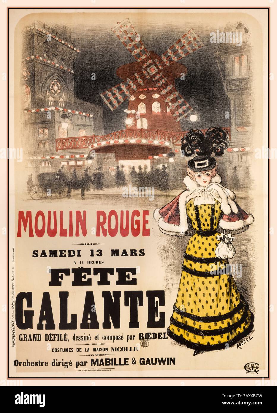Vintage MOULIN ROUGE Fete GALANTE POSTER MOULIN ROUGE SAMSTAG 13. MÄRZ UM 11 UHR GALANTE GRAND PARADE entworfen und komponiert von ROEDEL KOSTÜME DES MAI, (MOULIN ROUGE SAMEDI 13 MARS A 11 HEURES Fête GALANTE GRAND DEFILE dessiné et composé par ROEDEL KOSTÜUMES DE LA Mai,) Werbung, Ball, Cabaret, Café-Konzert, Musiksaal, Party, Parade, Prozession, Verkleidung, Crossdressing, Paris, 18. Arrondissement, Henri Mabille (1861-1935), Adolphe Gauwin Frau vor dem Moulin Rouge, Nacht, Nebel. Montmartre Paris Stockfoto