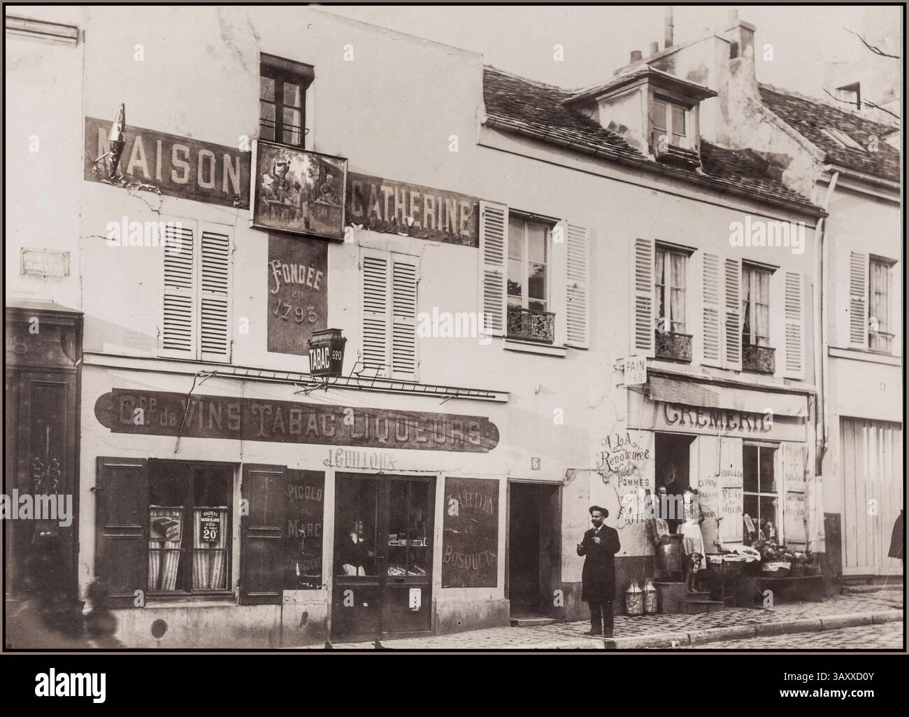 Vintage Paris Montmartre. Fassade des berühmten Restaurants Mère Catherine, Place du Tertre, Montmartre, 18. Arrondissement, Paris. Frankreich 1900er Jahre Stockfoto