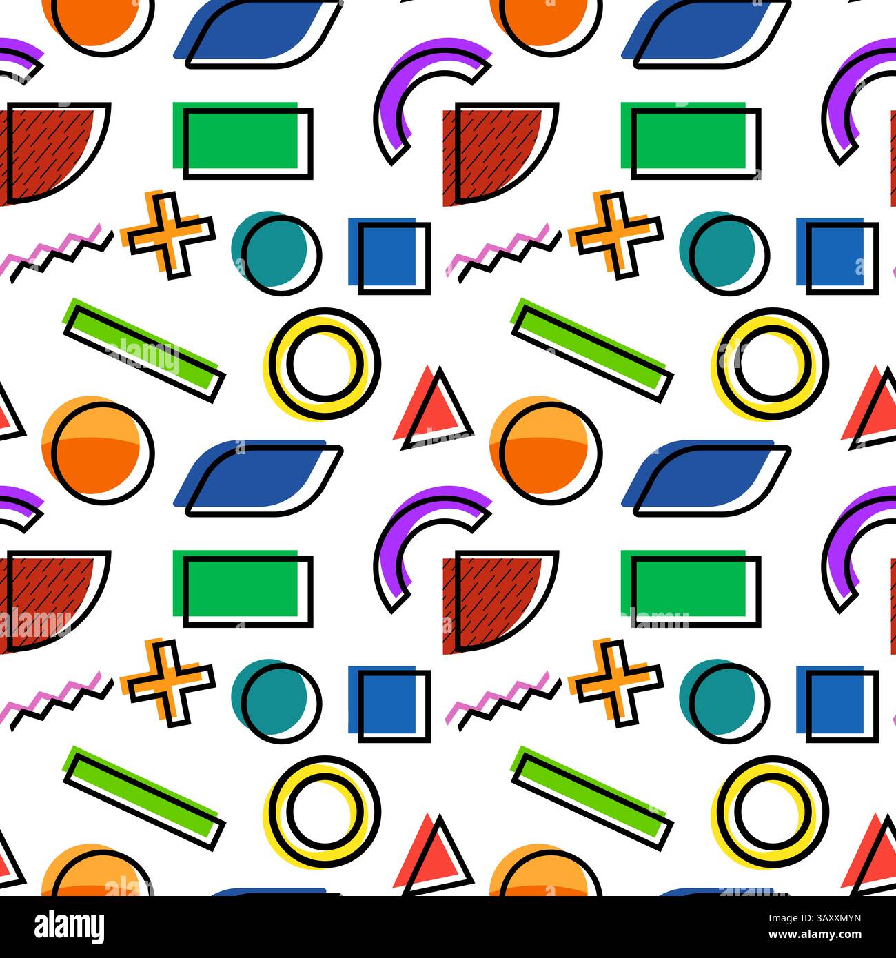 Lebendige geometrische Formen in einem abstrakten, nahtlosen Muster im Memphis-Stil mit Kreisen, Rechtecken und Linien auf weißem Hintergrund. Perfekt für Stock Vektor