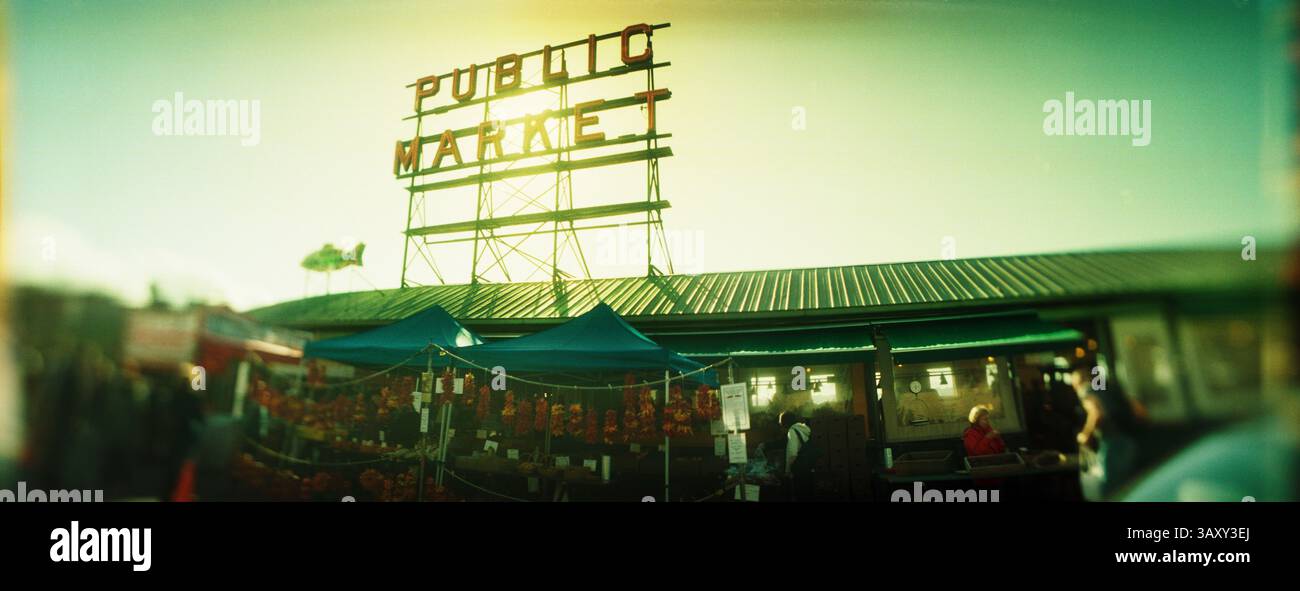 Panoramablick auf Pike Place Market, Seattle, King County, Washington State, USA Stockfoto