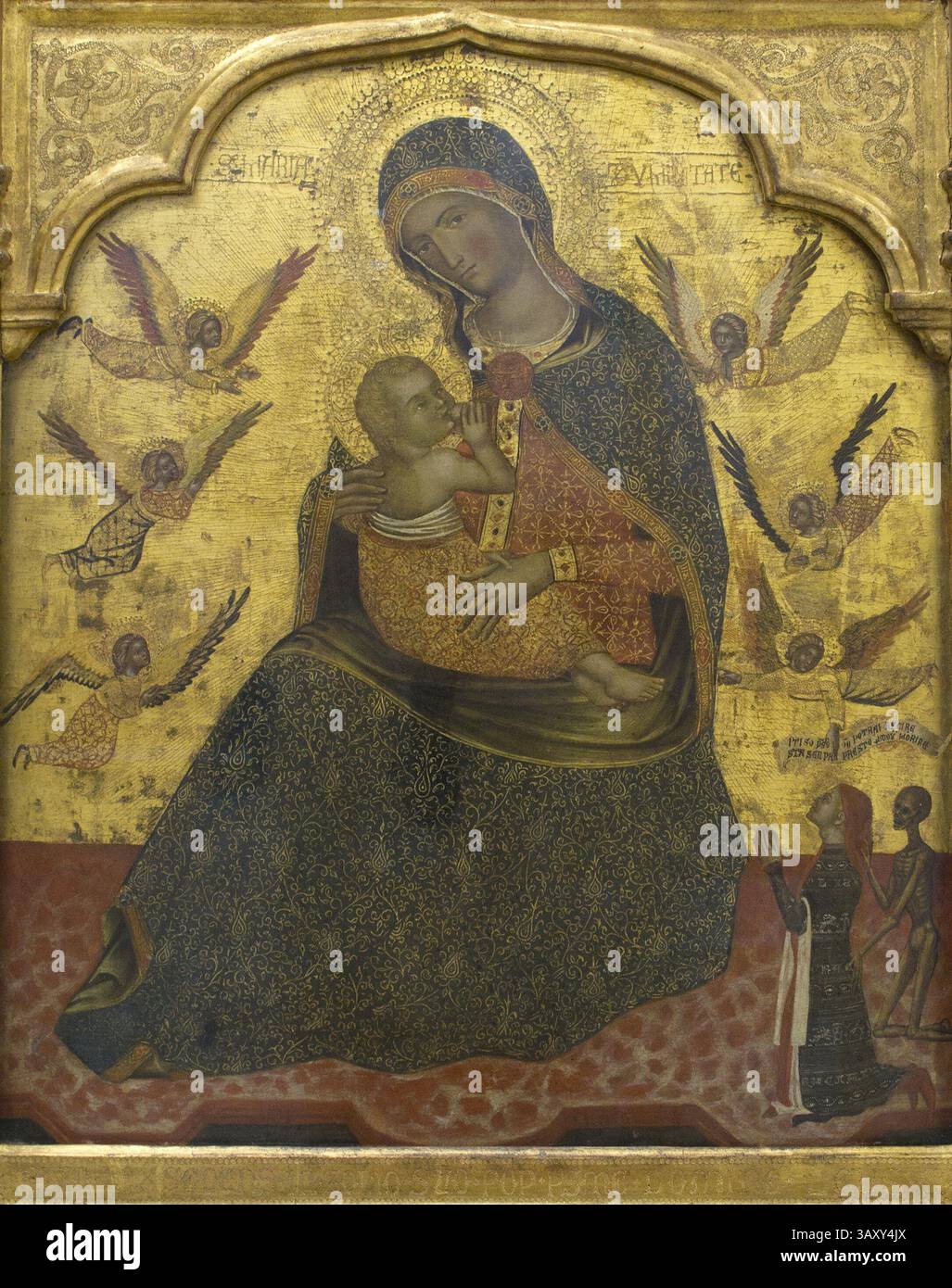 Titel: Die Jungfrau der Demut mit Engeln und einem Spender Künstler: Anonymer venezianischer Künstler um 1360 Datum: Ca. 1360 Technik: Tempera und Gold auf Platte Abmessungen: 68,8 x 56,7 cm Ort: Museo Nacional Thyssen-Bornemisza, Madrid Stockfoto