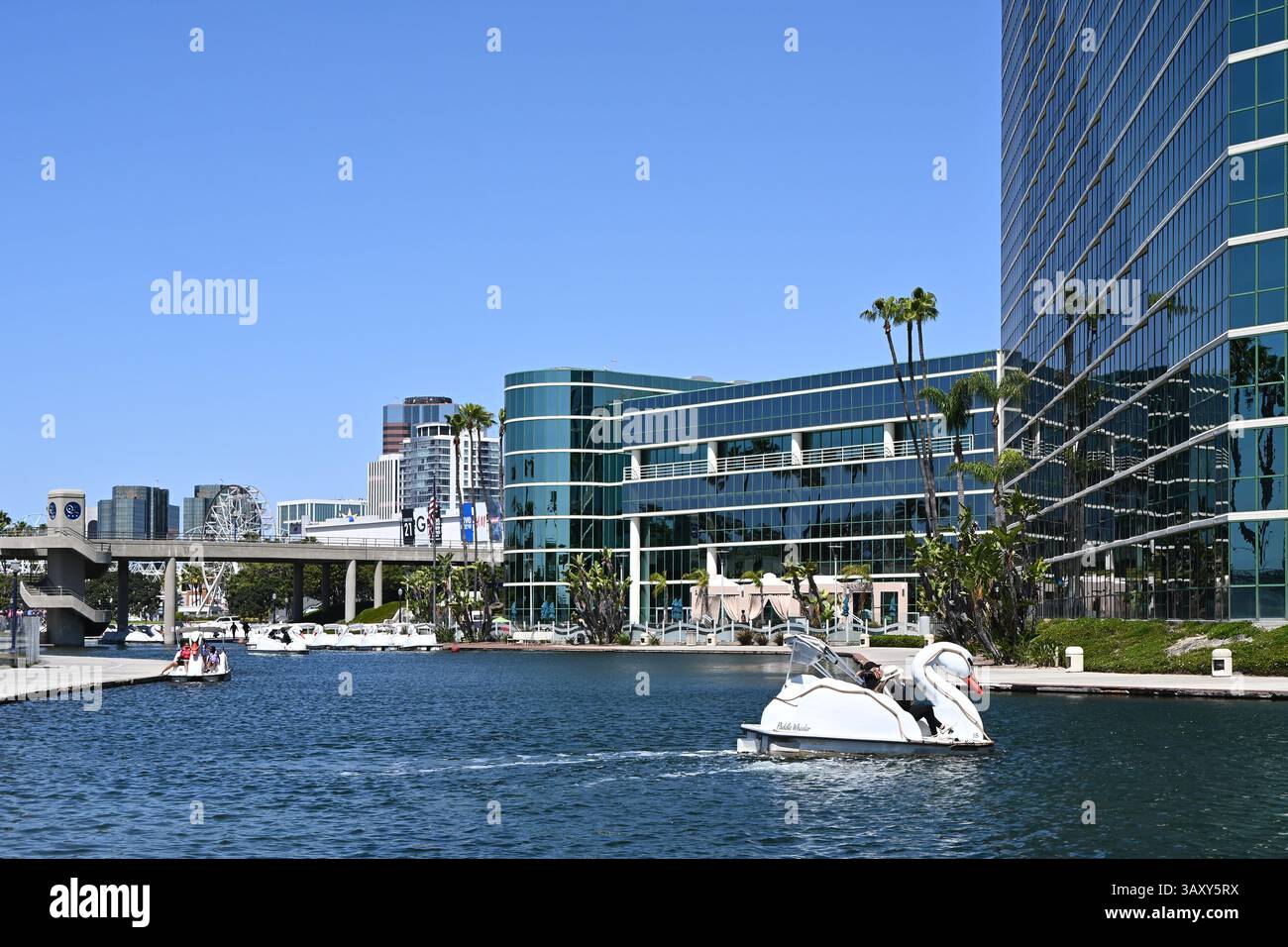 LONG BEACH, KALIFORNIEN - 19. April 2025: Das Hyatt Regency Hotel mit Schwanenbooten auf der Rainbow Lagoon im Vordergrund. Stockfoto
