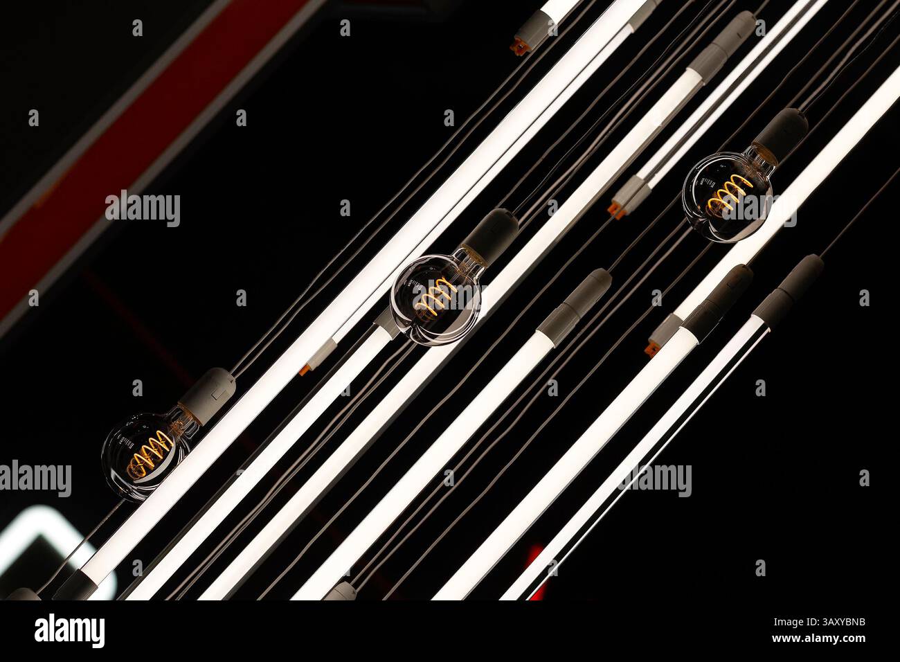 Verschiedene elektrische Lampen am Schaufenster. Konzept Stockfoto