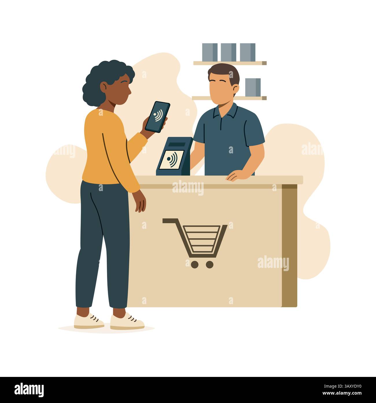 Vektor-Illustration einer Frau, die kontaktlos mit Smartphone am Ladentisch bezahlt. Digitales Transaktionskonzept im Einzelhandel mit NFC Stock Vektor