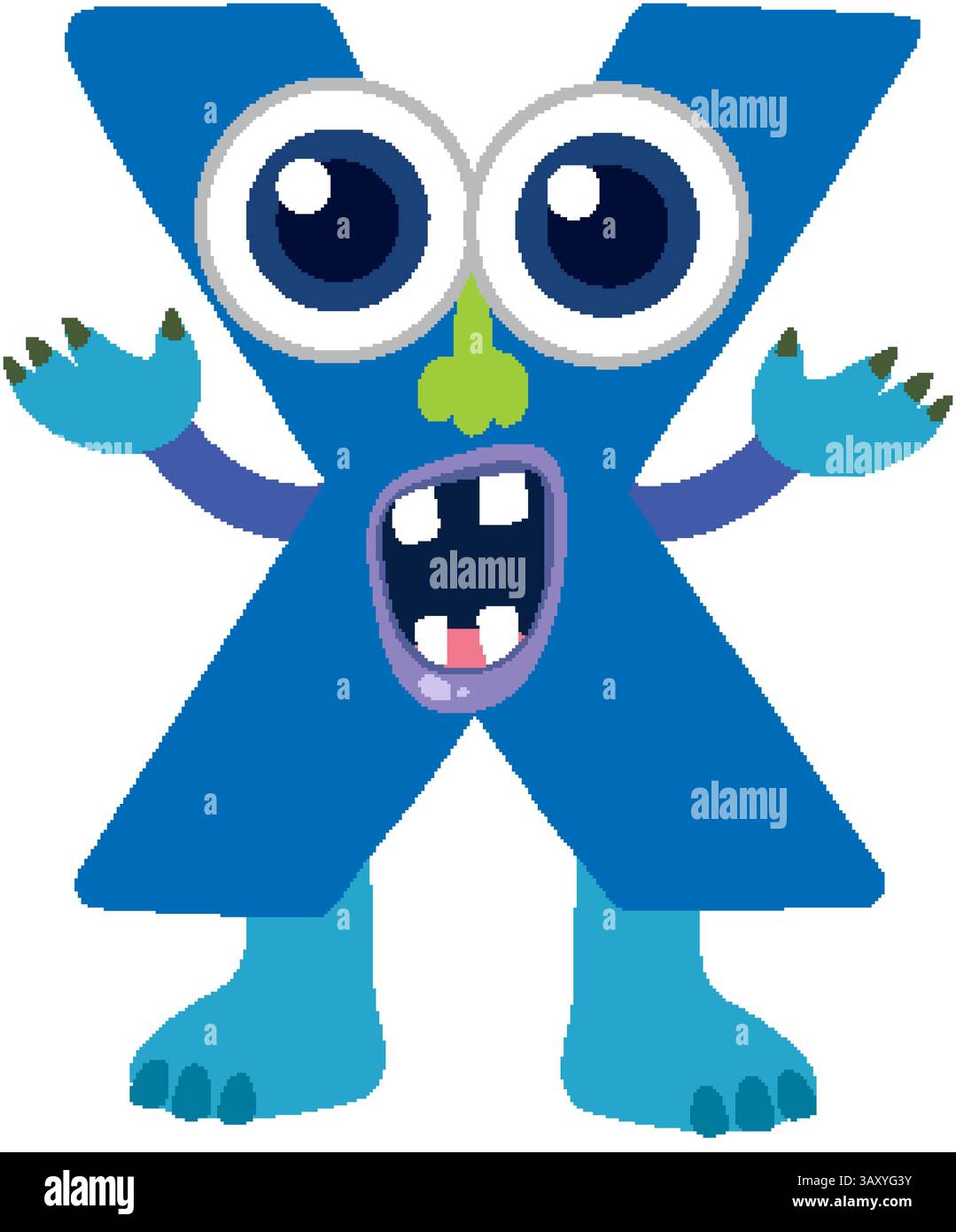 Farbenfrohe Vektorillustration eines verspielten Monsters in Form des Buchstaben X mit auffälligen Farben und skurrilem Design Stock Vektor