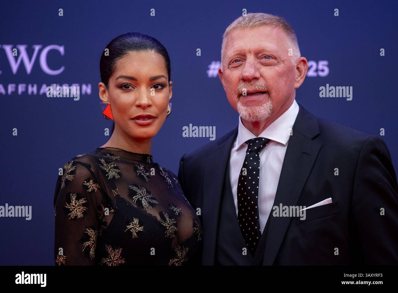 Madrid, Spanien. April 2025. Der ehemalige deutsche Tennisspieler Boris Becker (R) und seine Frau Lilian de Carvalho Monteiro (L) nehmen 2025 an den Laureus World Sports Awards in Madrid Teil Stockfoto