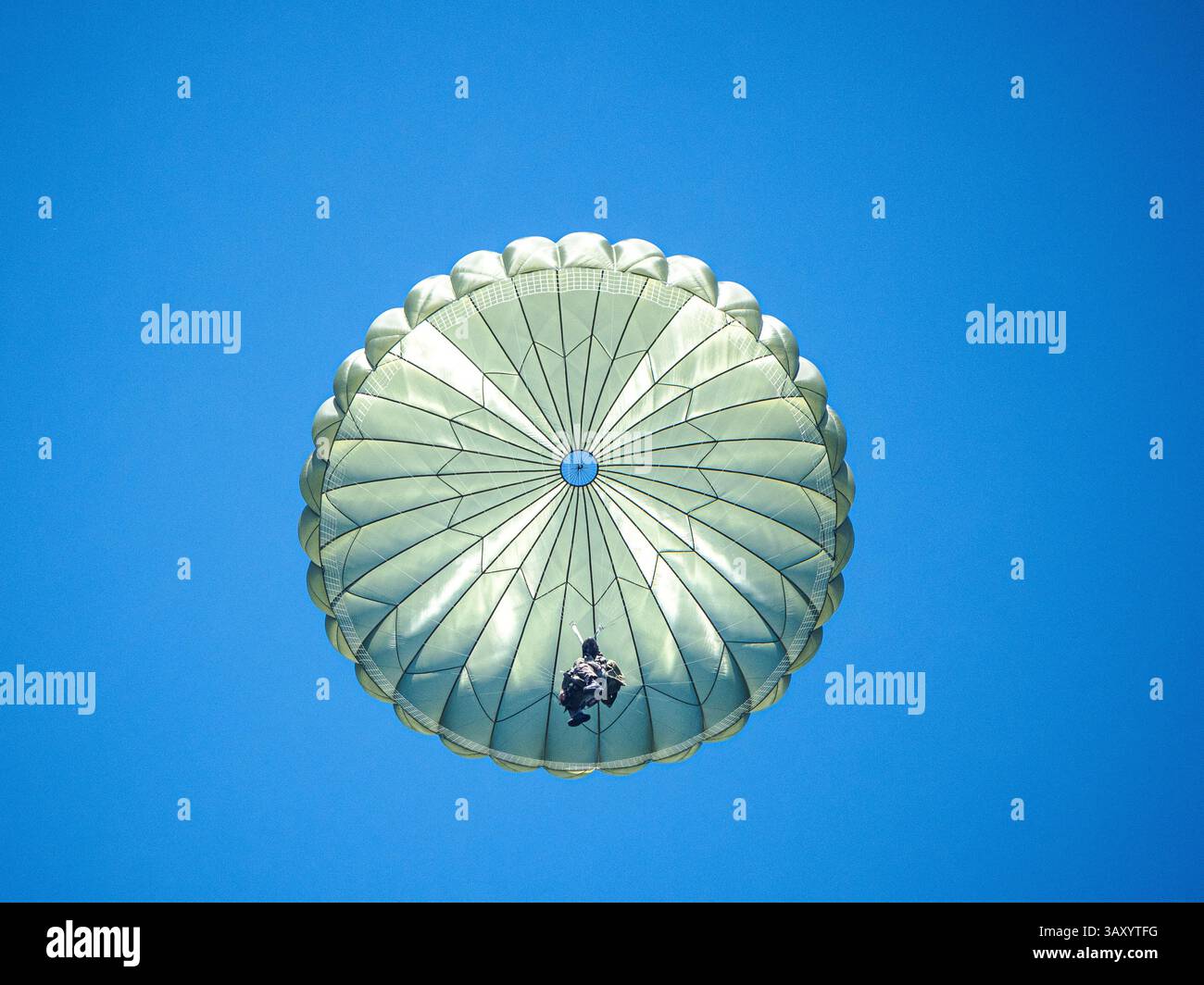 Deutsche Fallschirmjäger während einer NATO-Übung, die mit Fallschirmen durch den Himmel absteigen. Eine Darstellung von Präzision, Training und Koordination in einem Dynami Stockfoto