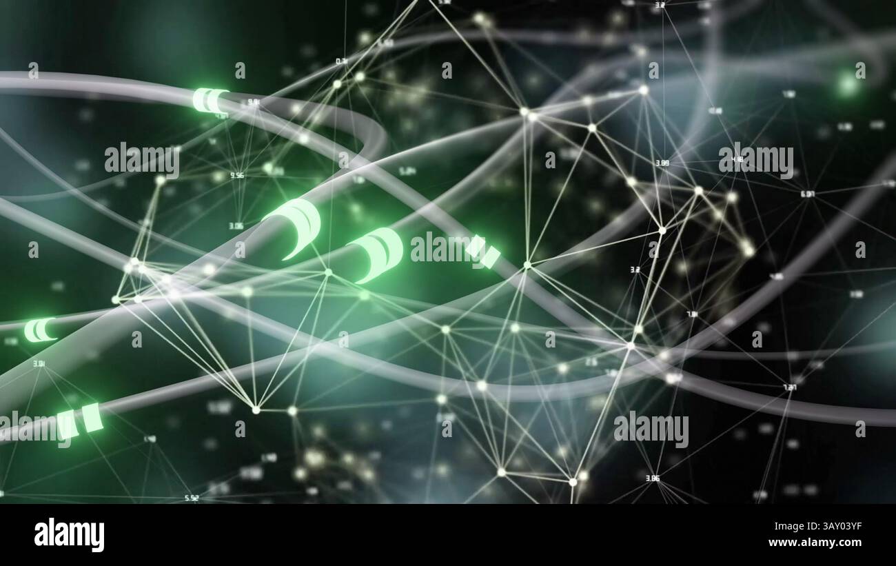 Weiße Rohre und grüne Steckverbinder bilden Netzwerklinien, Knoten und Etiketten mit flacher Bauweise Stockfoto