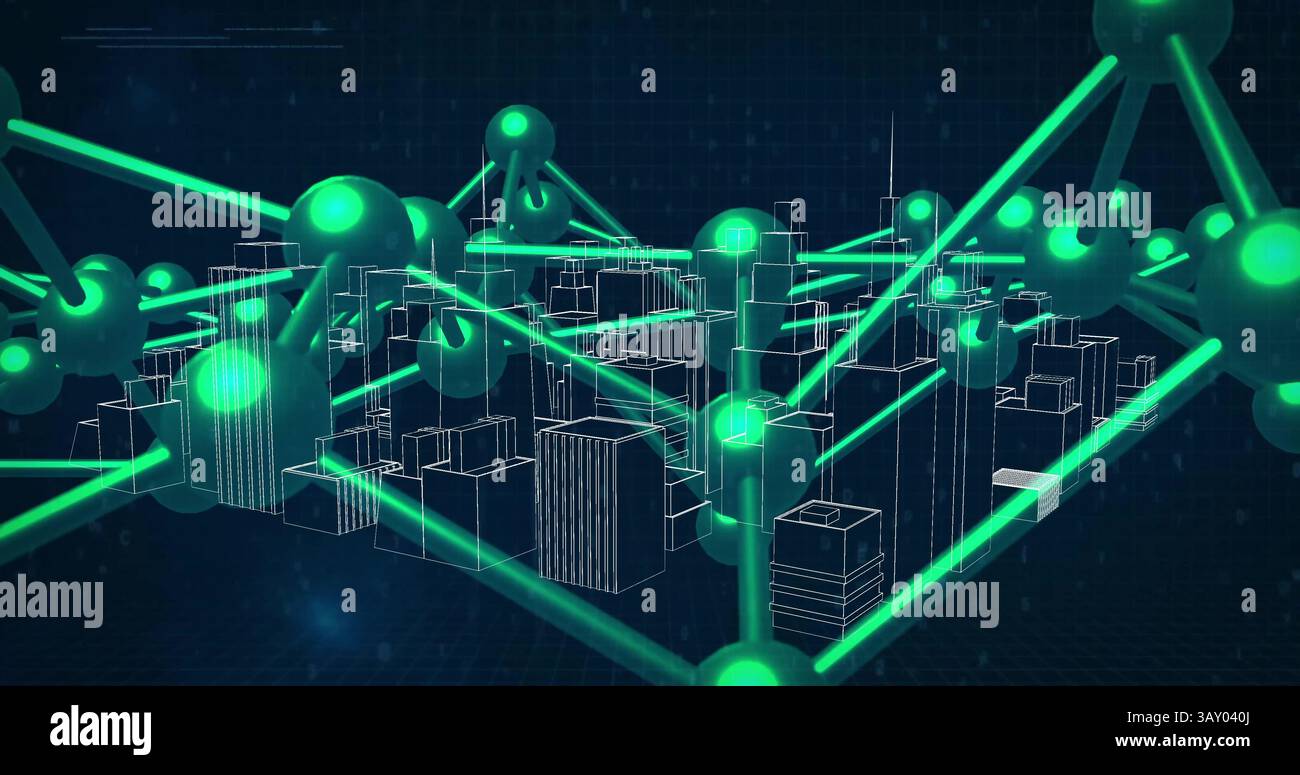 Neongrüne Netzwerküberlagerung verbindet städtische Gebäude mit Drahtmodellen im 3D-Rendering für Technologie Stockfoto