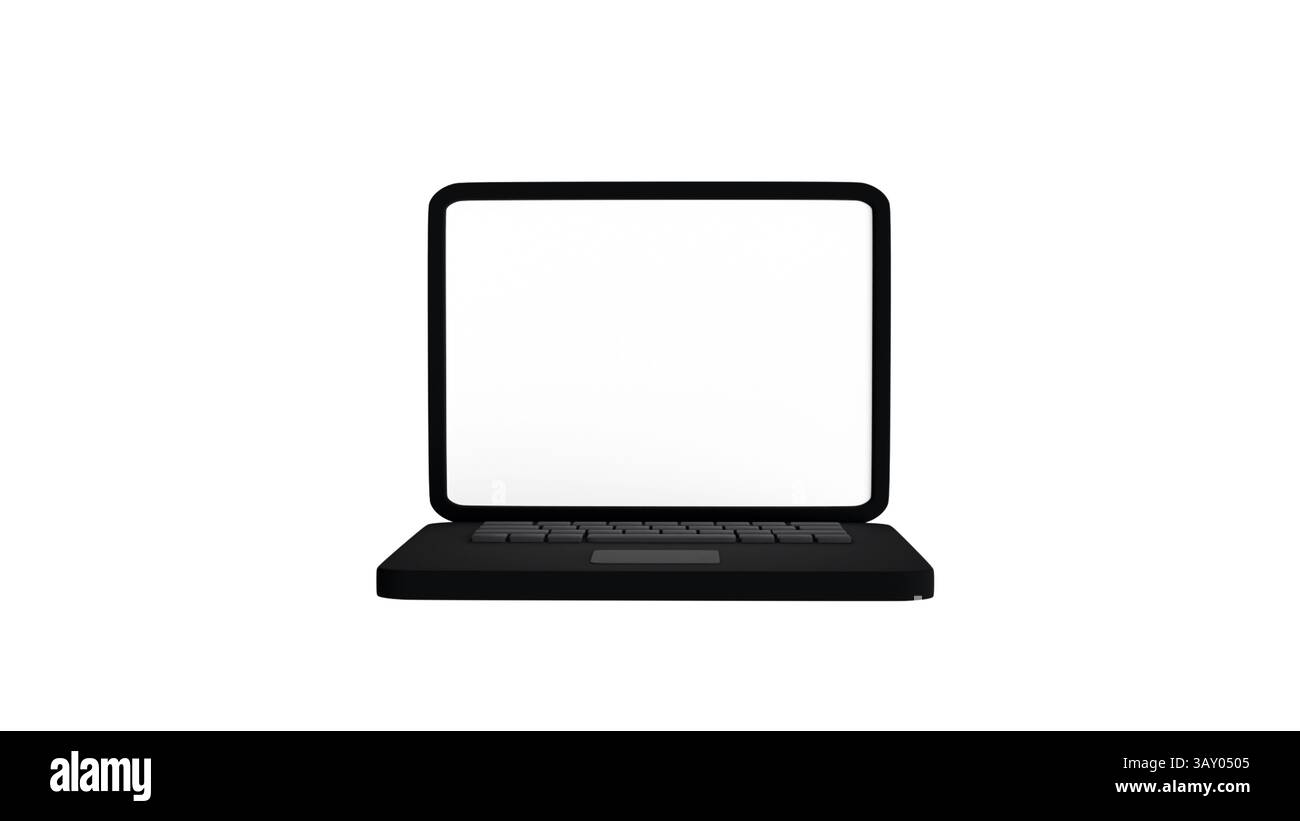 3D-Modell eines schwarzen Laptops mit leerem weißen Bildschirm auf weißem Hintergrund, Vorlage für Modell-Konzept Stockfoto