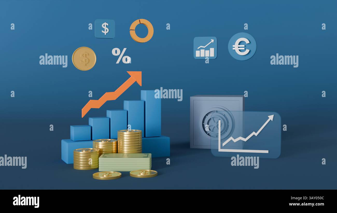 Infografiken mit Wachstumskarte, Münzen, Safe- und Währungssymbolen zum Thema Wirtschaft und Wirtschaft auf blauem Hintergrund Stockfoto