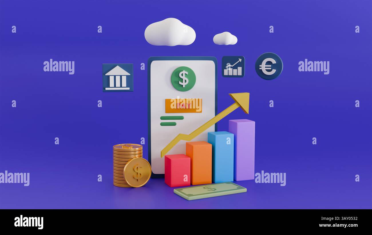3D-Infografik mit mobiler Zahlung, Wachstumskarte, Münzen sowie Bank- und Finanzsymbolen auf violettem Hintergrund Stockfoto