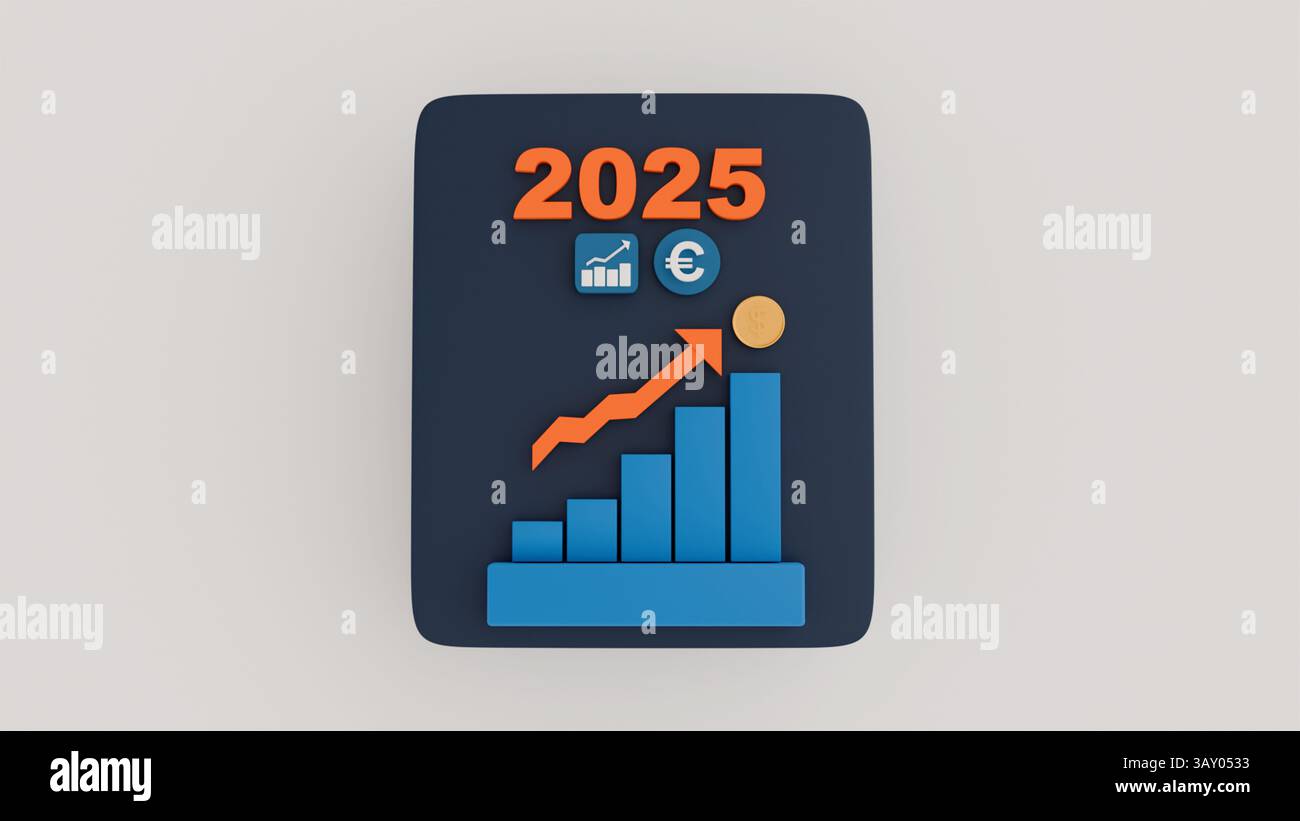 3D-Infografik mit Münzen, Wachstumskarte und Pfeil bis zum Jahr 2025 auf Platte auf hellem Hintergrund, Gewinnwachstum im Jahr 2025 Stockfoto